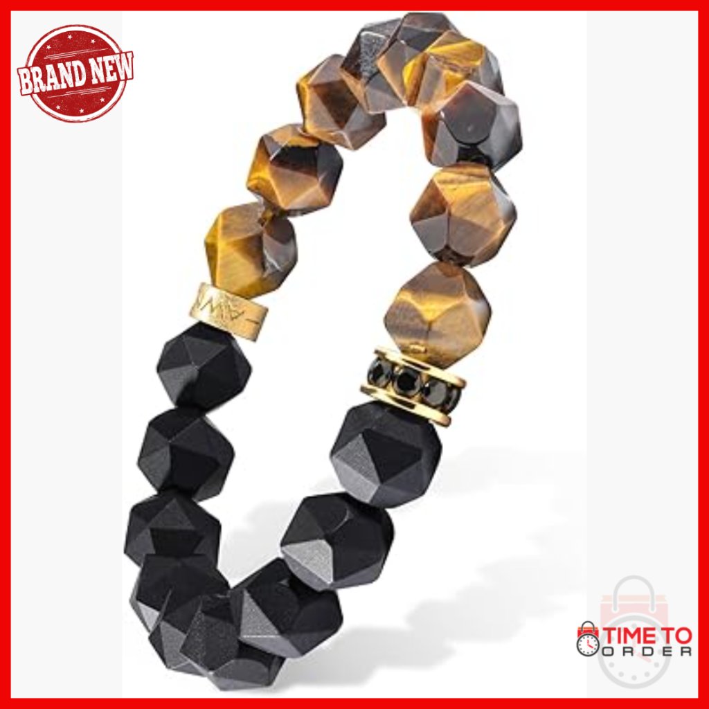 Men's Stretch Bracelet Tiger Eye Onyx Sterling Silver Protection Charm